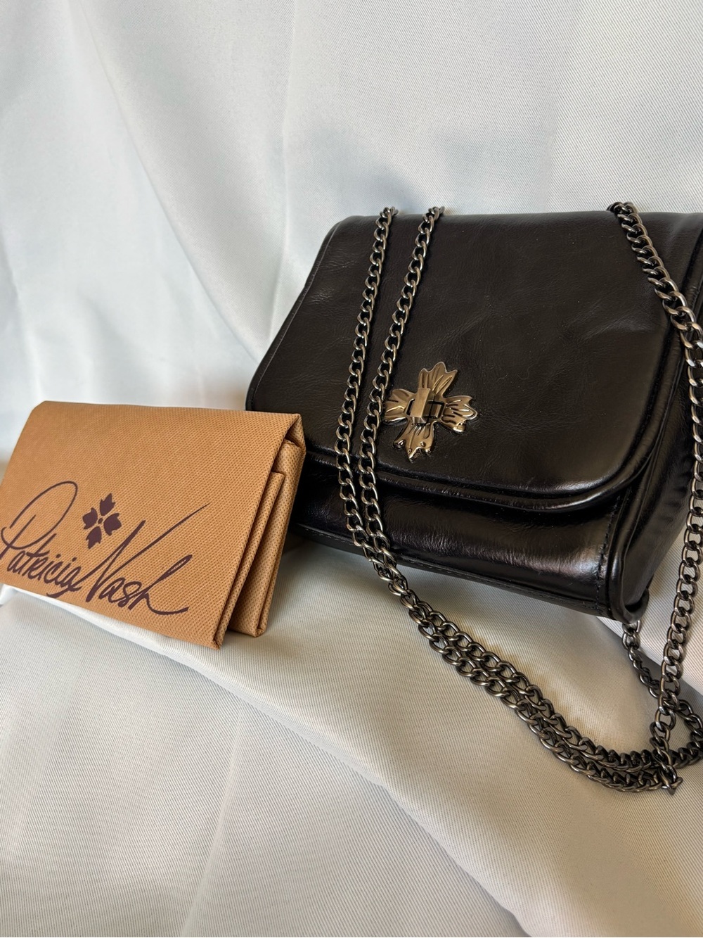 Patricia Nash Black Leather Crossbody with Silver Chain
